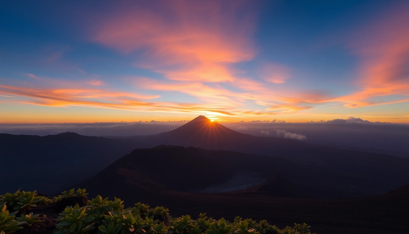Climber standing near the summit of Mt. Rinjani with panoramic views of the volcanic landscape and surrounding forests.