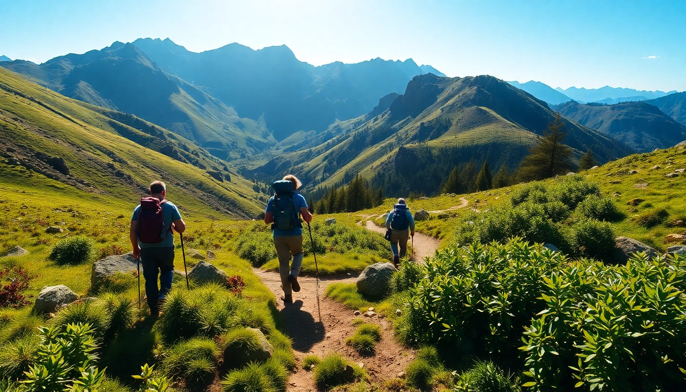 Hiking enthusiasts enjoying a scenic outdoor trail with lush greenery and mountain views in Indonesia's natural landscape.
