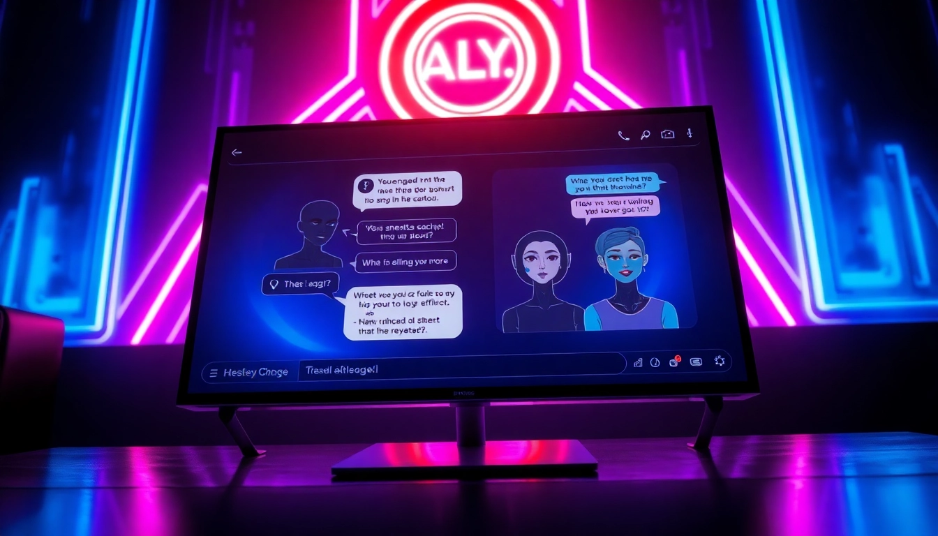 Futuristic digital AI chatbot interface with neon lights and expressive characters