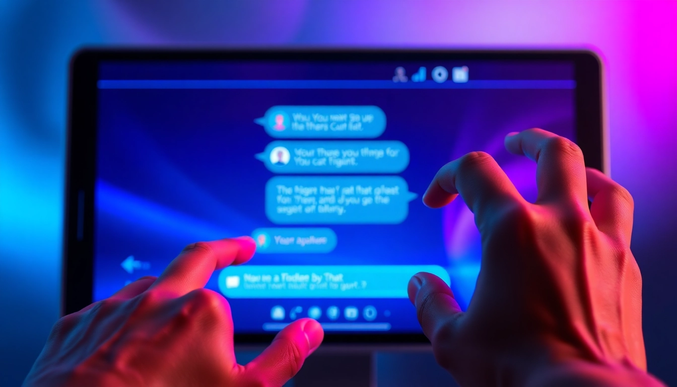 Close-up of a user interacting with a glowing AI chat interface on a futuristic screen with vibrant colors and digital textures.
