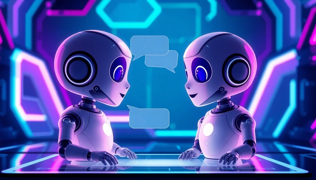 Futuristic illustration of two AI chatbot holograms engaging in conversation in a high-tech digital environment.
